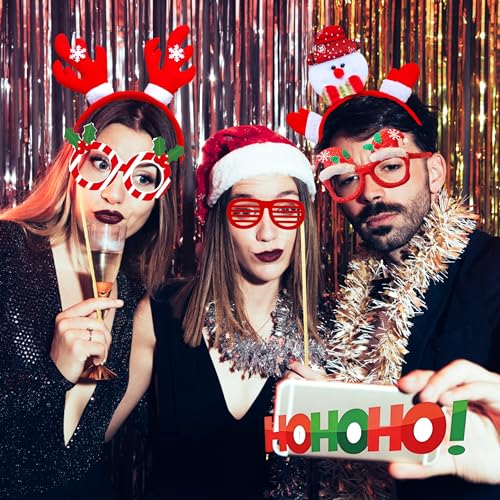 52 Pcs Christmas Photo Booth Props Kit, 20Pcs Glitter Eyeglasses Frame Hats Hairhoop and 32Pcs DIY Selfie Pose Signs for X...