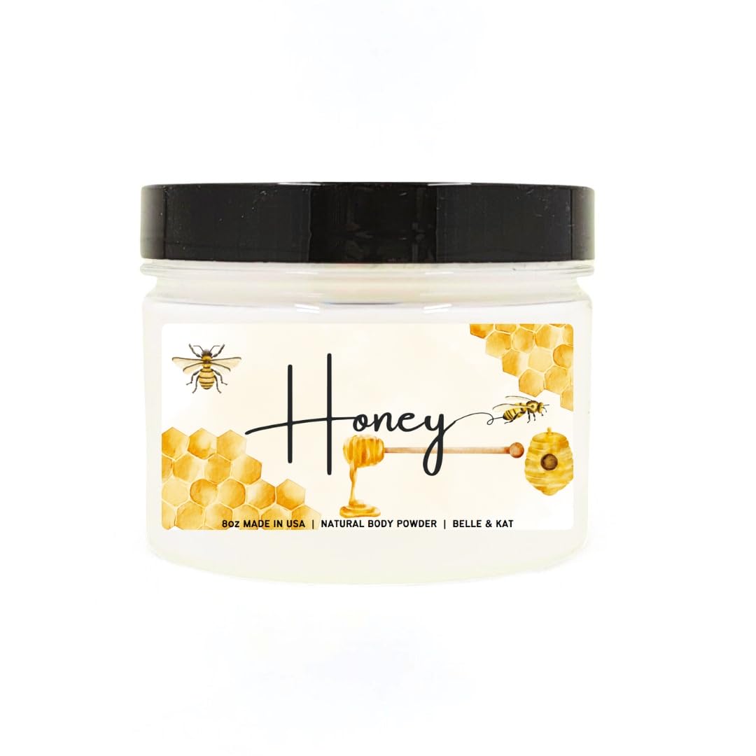 Body Powder for Women & Men, Honey Scented, Perfume Dusting Powder, Bath Powder with Fragrance & Essential Oils, Talc-Free 8oz Container with Lid, Made in USA