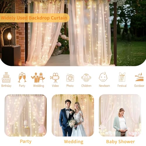 Pink Tulle Backdrop Curtain with String Lights, 2 Panels 5×8FT Sheer Wrinkle-Free Pink Backdrop Drapes for Wedding, Bridal...