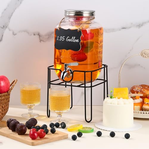 Drink Dispenser 1.35 Gallon Glass Beverage Dispenser with Stand & Stainless Steel Spigot, Drink Dispensers for Parties wit...