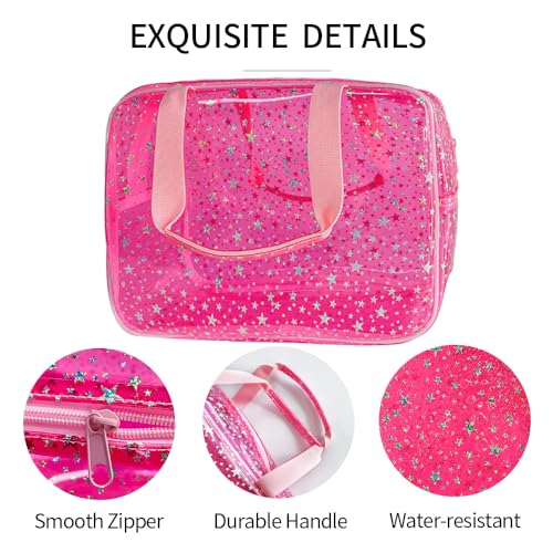 TotePrint Hot Pink Star Large Cosmetic Bag 12x5x8 inch Travel Pouch with Handle,Durable PVC Material,Zipper Design-Ideal f...