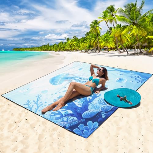 WIWIGO Beach Blanket Waterproof Sandproof Beach Mat 79" X 83"/10'x9'for 2-8 Adults Quick Drying Outdoor Picnic Mat Beach A...