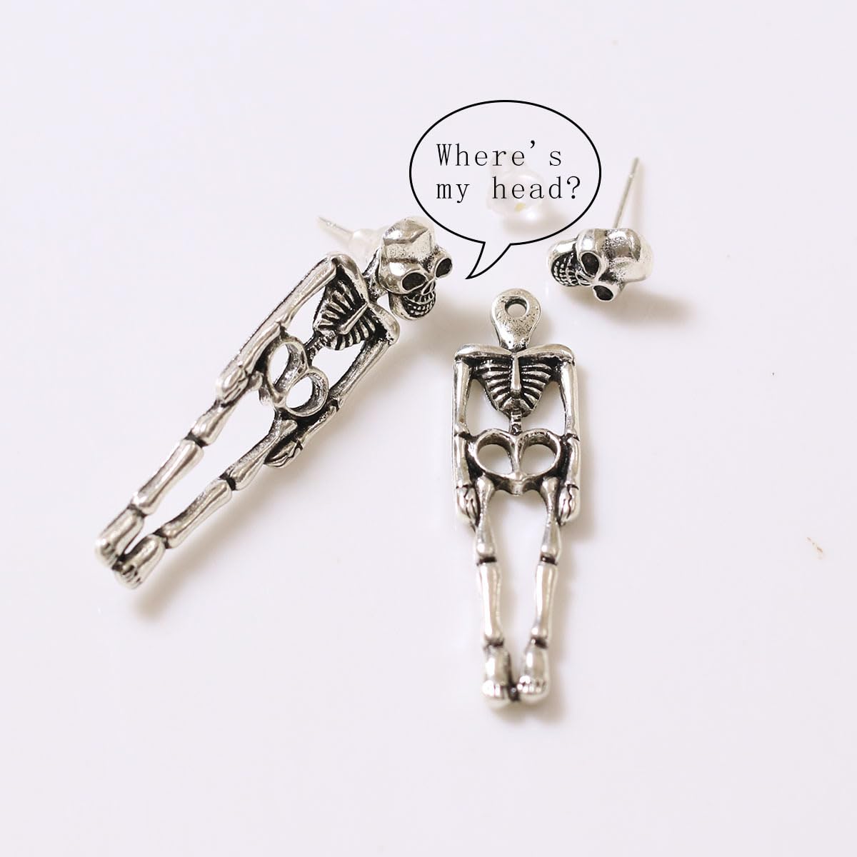 Gothic Skull Earrings Punk Skeleton Groom Bride Front Back Stud Earrings Halloween for Women Girl (Silver)