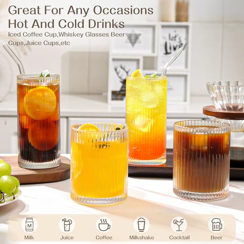 AUFXKOO Set of 8 Vintage Ribbed Glassware,4 Highball Glasses 12 oz,4 Rocks Drinking Glasses 14 oz,Ribbed Cocktail Glass Cu...