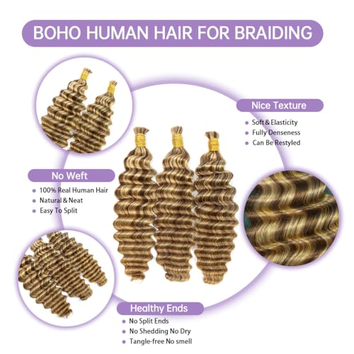 YWIGS #27/30/613 Boho Human Hair for Braiding 100G No Weft Human Hair Bundles for Boho Braids Deep Wave Boho Braiding Hair 20inch