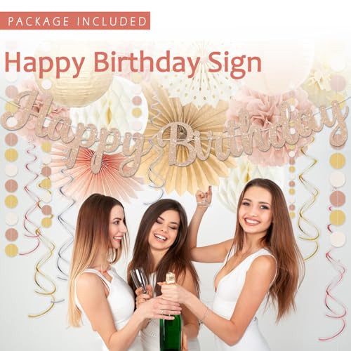 Champagne-Gold Beige Birthday Decorations for Women Girls,Cream Neutral Balloons Décor,Happy Banner,Boho Peach Paper Lante...