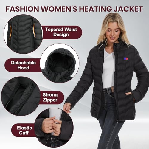 OAOA innovation Womens Heated Jacket with 10000mAh Battery Pack, Dual Control Button Heated Coat