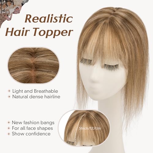 Rich Choices Hair Toppers for Women Real Human Hair 360¡Æ3D Clip in Bangs 100% Remy Human Toppers with Bang for Thinning 150% Density Lace Base 08 Inch #4P27 Medium Brown Highlight Dark Blonde