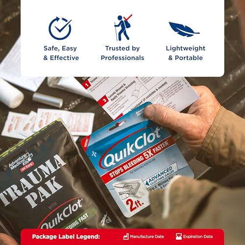 Adventure Medical Kits QuikClot Advanced Clotting Gauze - Stops Bleeding Up to 5X Faster Than Standard Gauze - Kaolin Hemo...