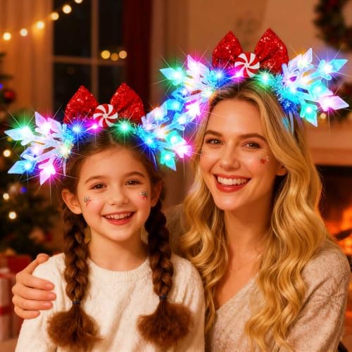 BARTOSI Light Up Christmas Snowflake Headband Xmas Bow Headbands Holiday Hair Accessories for Women and Girls