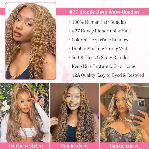 Honey Blonde Deep Wave Bundles Human Hair 12A Color #27 Blonde Curly Human Hair Bundles 16 18 20 Inch Colored Deep Wave Human Hair Extensions Double Weft Wet and Wavy Bundles