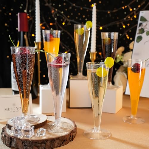 Bestluck 100 Pack Champagne Flutes Plastic, 4.5 oz Silver Glitter Plastic Disposable Stemware, Disposable Champagne Flutes...