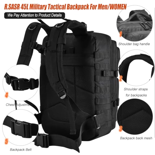 R.SASR Military Tactical Backpack 45L Large Tactical Backpack for Men, Hiking Rucksack With Bottle Holder