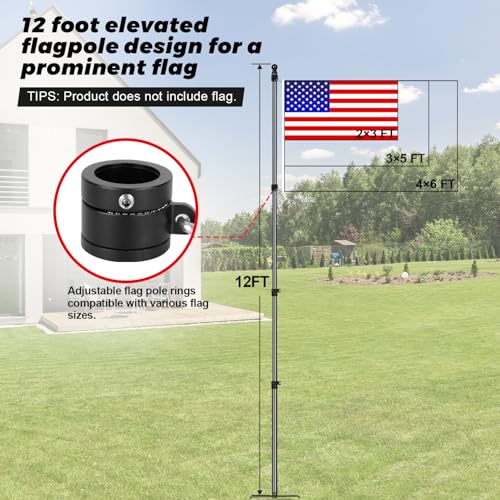 Msnaile 12 FT Carbon Fiber Flag Pole for Outside House in Ground, Flagpoles for Yard, Tangle Free Flag Pole Kit, Wind-Resi...