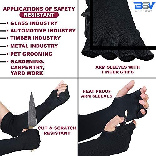 BSV Kevlar Arm Protection Sleeves with Finger Opening - Cut, Scratch, Stab, Bite and Heat Resistant - Unisex, 18 Inches, Black, 1 Pair