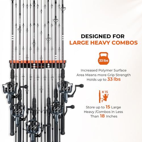 KastKing V15HD Heavy Duty Vertical Fishing Rod Holder – Wall Mounted Fishing Rod Rack, Store 15 Large Rods or Fishing Rod ...