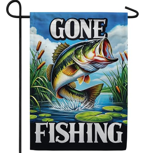 America Forever Gone Fishing Bass Garden Flag, 12.5 x 18 inch Double Sided, Lake Adventure Banner, Outdoor Fishing Decor, ...