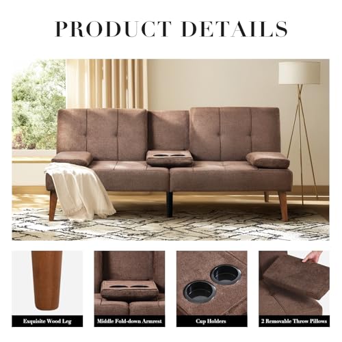 COLAMY Futon Sofa Bed-Fabric Small Couch, Lounge Convertible with 2 Cup Holders, Removable Soft Armrest, Adjustable Backrest for Dorm/Bedroom/College