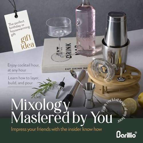 Barillio Elite Mixology Bartender Kit with Stand - Cocktail Shaker Set with Bamboo Stand, Boston Drink Shaker, Mojito Mudd...
