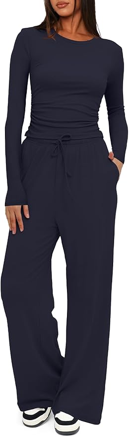 Darong Women's 2 Piece Outfits Lounge Sets 2026 Long Sleeve Tops Wide Leg Pants Casual Matching Set