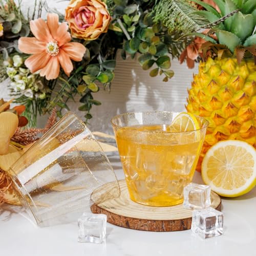I00000 100pcs Gold Plastic Cups - 9 OZ Hard Gold Glitter Disposable Cups for Cocktail And Drinking - Premium Disposable Pl...