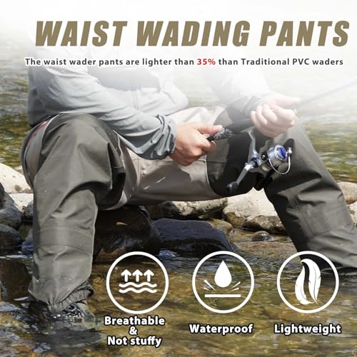 JUSTOOP Waist Wader Pants for Men and Women, 3-Ply Breathable Waterproof Fishing Waders with Pockets and Durable Stockingfoot