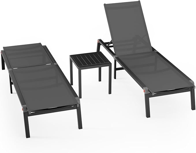 WOAJNQO Aluminum Patio Chaise Lounge Chair Set of 2 with Side Table,5-Position Adjustable Backrest,Foldable Lounge Chair Outdoor,Pool Lounge Chairs for Poolside,Lawn,Deck,Beach (Grey, 2 Pack+Table)