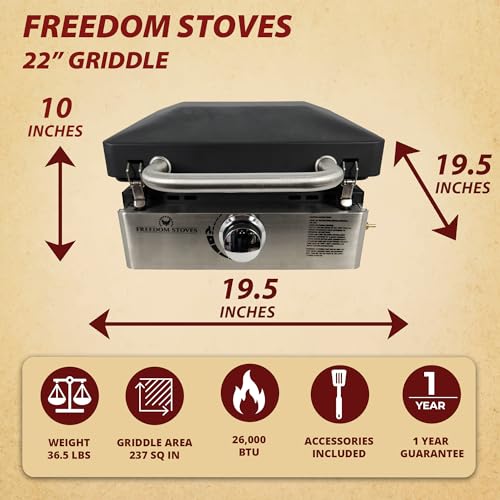 Freedom Stove 22" Propane Gas Griddle: Easy Clean Non Stick Ceramic Flat Top with Locking Lid, Utensils, Cover, 1LB & 20LB...