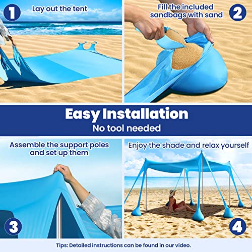 Rhino Valley Beach Tent Shade Canopy UPF50+ Protection, 8 Sandbags, 4 Stability Poles, Outdoor Sun Shelter Umbrella for Sa...