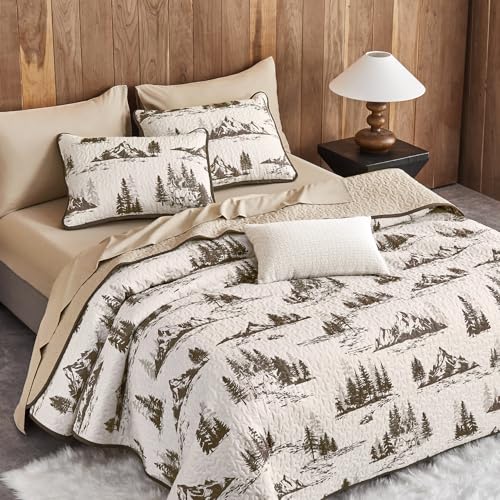 Wake In Cloud - Rustic Quilt Set, Cabin Forest Woodland Camping Theme with Lodge Mountain Print, Reversible Lightweight Be...
