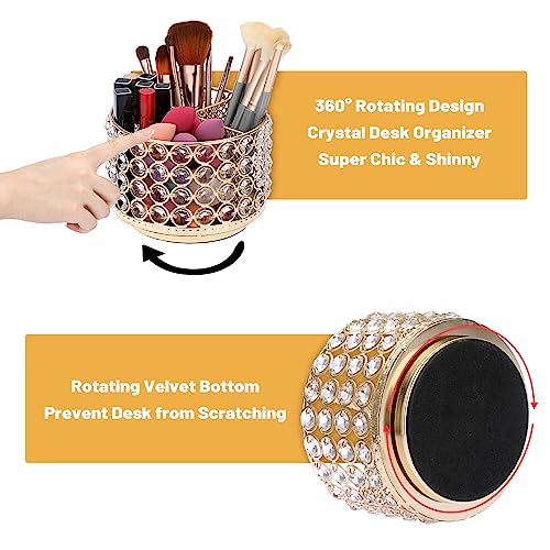 BTSKY Crystal 360 Degree Rotating Desk Organizer Decorative Storage Box with 4 Compartments, Glitter Metal Makeup Brush Ho...