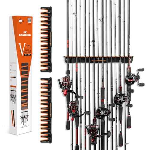 KastKing V15 Vertical Fishing Rod Holder ? Wall Mounted Fishing Rod Rack, Store 15 Rods or Fishing Rod Combos in 17.25 Inches, Great Fishing Pole Holder and Rack