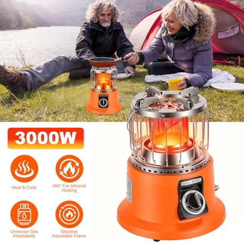 3000W 2 in 1 Portable Propane Heater Outdoor Heater Gas Stove Cooking Stove with Handle Pot Stand Gas Pipe for Patio RV Ca...