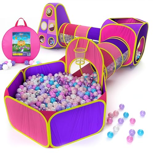 Playz 5pc Kids' Play Tents & Tunnels - Ball Pit for Toddlers, Basketball Hoop, Crawling Tubes, Pop-Up Playhouses, Baby Obs...