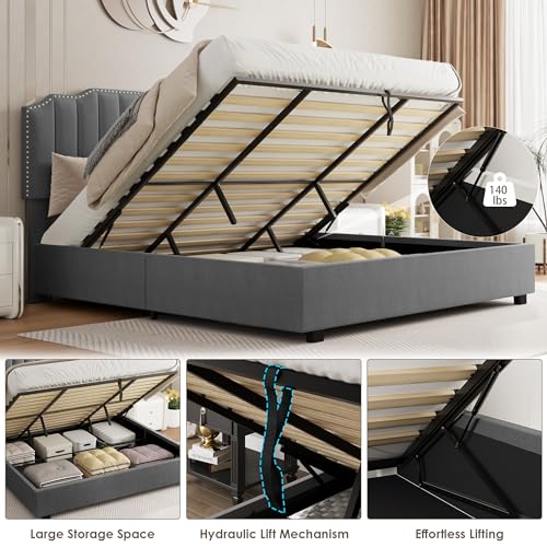 MaiDeHaoo Queen Size Lift Up Storage Bed with Headboard, Velvet Bed Frame with Headboard, Platform Bed with Lift Up Storage, Wood Slats Support, No Noise, Gray