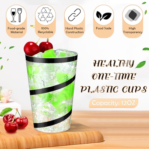 Bokon 100 Pcs 12 oz Rimmed Swirl Clear Plastic Cups with Rim Fancy Disposable Tumblers Cups Plastic Wine Glasses Elegant W...