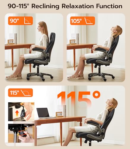 Office Desk Chair, Ergonomic Computer Chair with Padded Flip-Up Arms and Adjustable Lumbar Support, PU Leather Executive C...