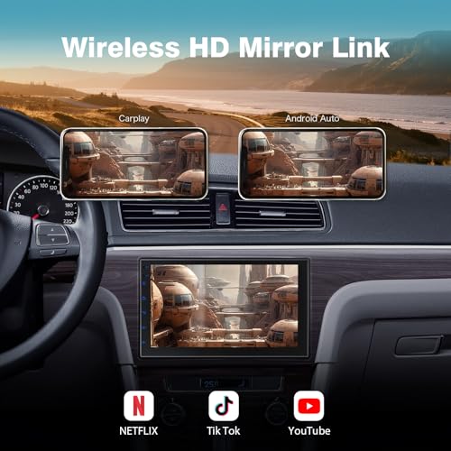 Haudio Double Din Wireless CarPlay Screen for Car, 7" HD Touchscreen with Apple CarPlay, Android Auto, GPS Navigation, Blu...