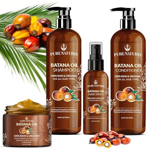 100% Natural Raw Organic Batana Oil Sulfate-Free Complete Hair Growth , Anti-Hair Loss & Repair System Kit ? Shampoo, Conditioner, Hair Mask, & Leave-In Spray | Thickness & Prevents Loss for Men Women