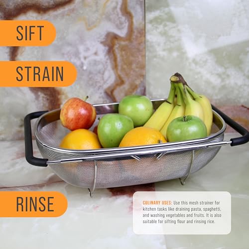 U.S. Kitchen Supply Stainless Steel Colander Strainer - 6-Quart Collapsible Colander with Expandable Rubber Handles - Rect...