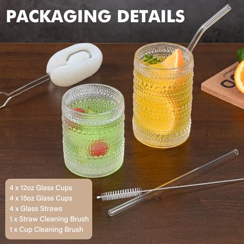 ZMOWIPDL Vintage Hobnail Drinking Glasses Set of 8,Clear 12 oz & 15oz Highball Glass Cups, Kitchen Drinkware Glassware,Emb...