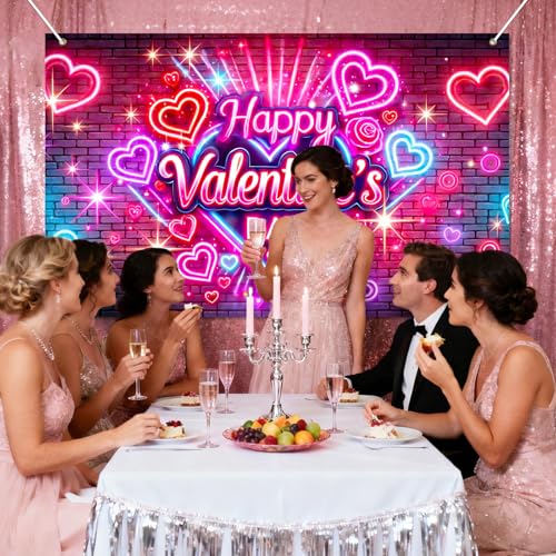 BlissYard Valentine’s Day Neon Banner Happy Valentine Backdrop Love Heart Light Effect Background for Valentine Party Deco...