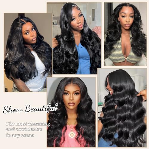 13x6 Body Wave Lace Front Wigs Human Hair Pre Plucked Real Human Hair Wigs 200 Density HD Transparent Lace Frontal Wigs Natural Black Glueless Wig 24 Inch