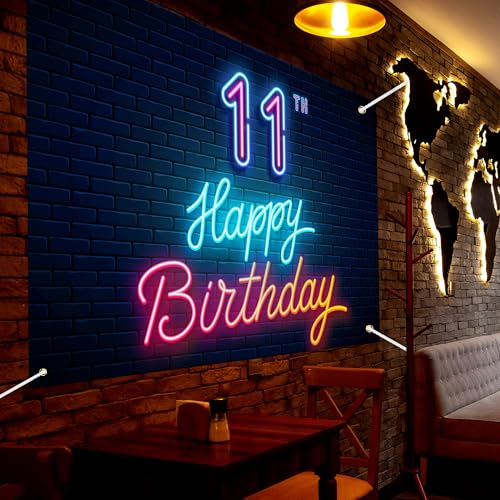 Neon Happy 11th Birthday Backdrop Banner Cool Glow Neon Theme Background Decor for Boys Girls Birthday Party Let’s Glow Pa...