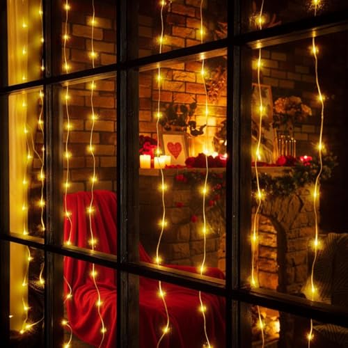 Curtain String Lights 6.5 x 5 ft,195 LED Battery Operated USB Powered light with 8 Modes Dimmable Timer,Copper Tapestry Tw...