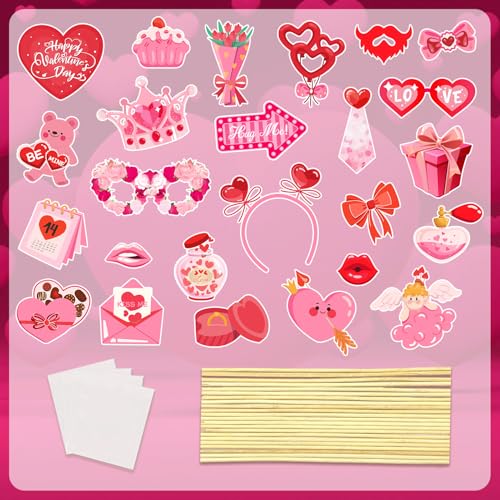 Happy Valentine's Day Photo Booth Props Kit, 24 PCS Selfie Photo Booth Accessories with “Happy Valentine’s Day” Signs, Cut...