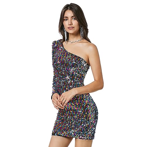 THANKPEARL Women's Sequin One Shoulder Dress Long Sleeve Sparkly Cocktail Club Tight Bodycon Christmas Dresses