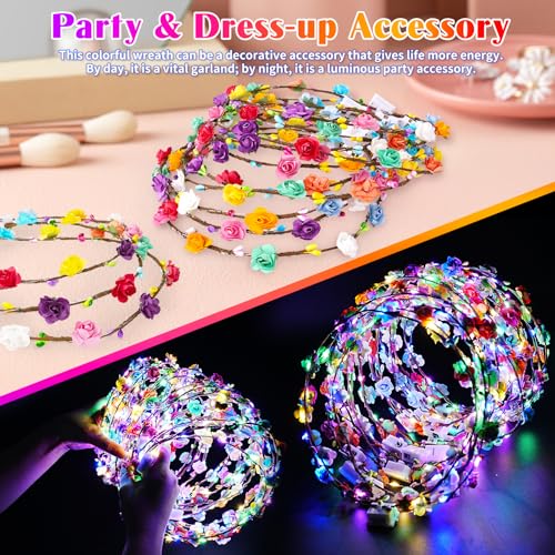 Valentines Day Gifts, 24 PCS LED New Year Flower Crowns Headbands, Light Up Flower Crowns for Women & Girls, Glow in The D...