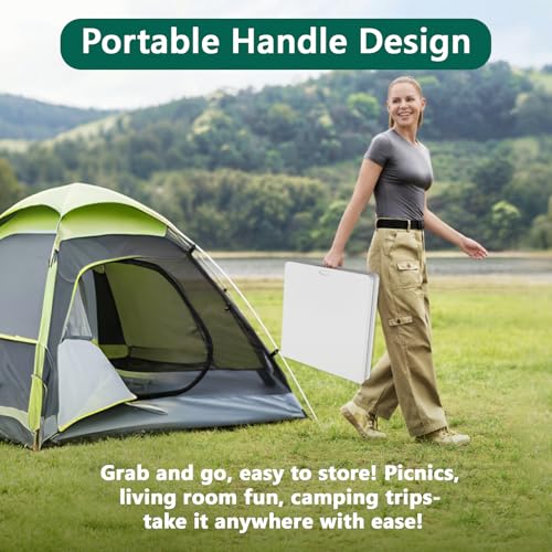 FurniEdge 4ft Folding Table with Adjustable Height, Heavy Duty Fold-in-Half Plastic Table with Steel Legs, Portable for In...