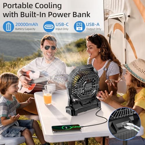 Camping Fan Rechargeable, 20000mAh Battery Powered Portable Fan with LED Light & Hook, 4-Speed 270° Adjustable, Camping Es...